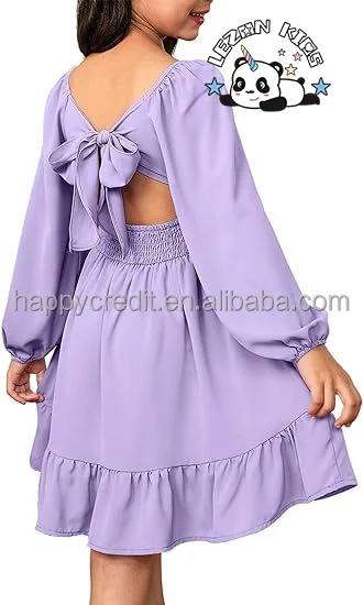 LEZONKIDS - 2024 Hot Sale Long Sleeve Tie Back Dresses Tween Boho Off Shoulder Dress Size 6-15 Years for girls